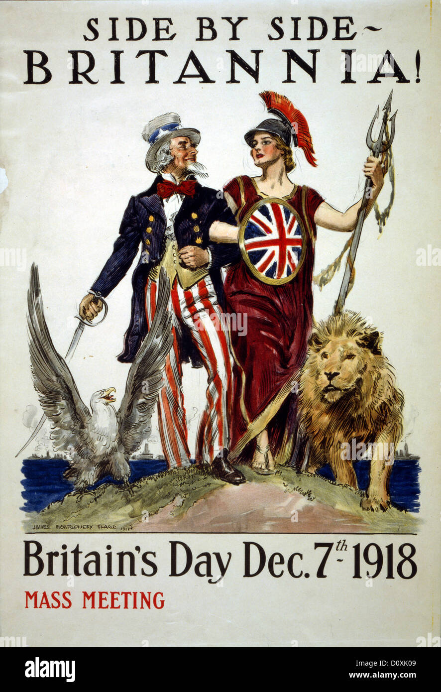 World War I, American, propaganda, poster, Uncle Sam, Britannia, lion, eagle, together, united, allied, USA, 1918, Stock Photo