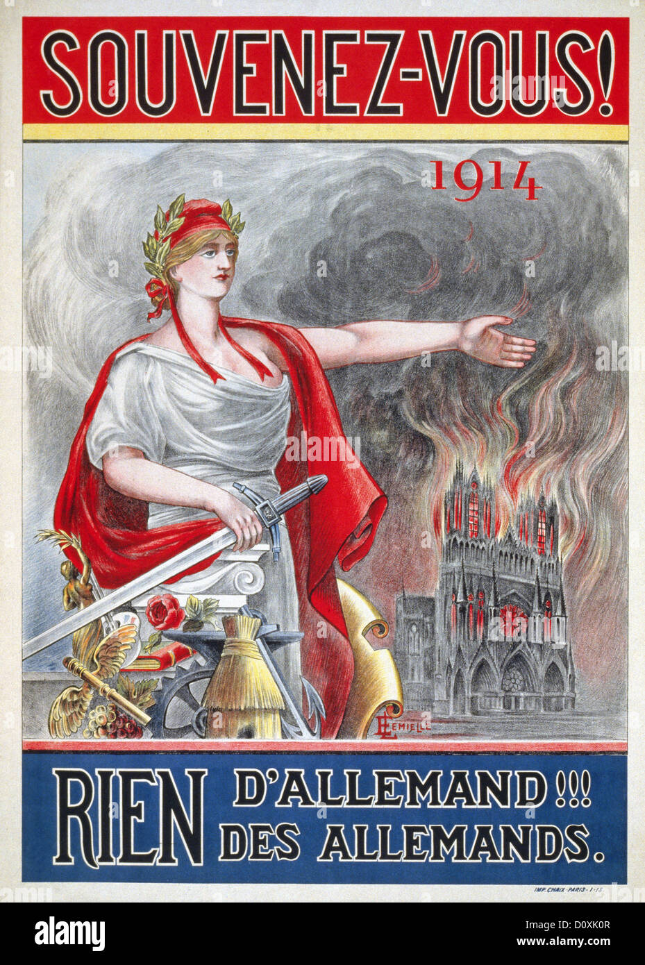 France, World War I, French, propaganda, poster, Marianne, personification, symbol, France, Rheims, cathedral, burning, Remember Stock Photo