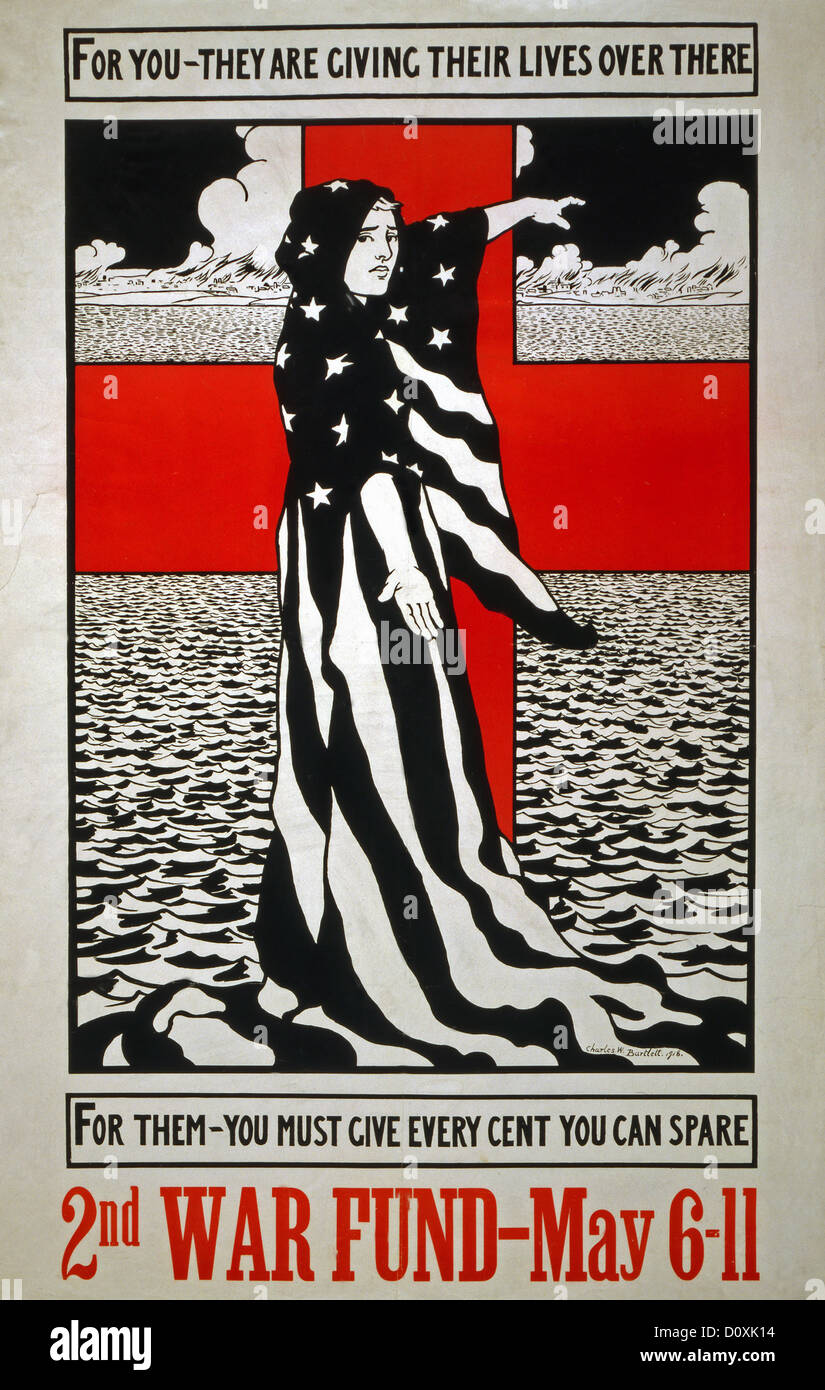 USA, World War I, American, propaganda, poster, woman, flag, red cross, donate, 1918, Stock Photo