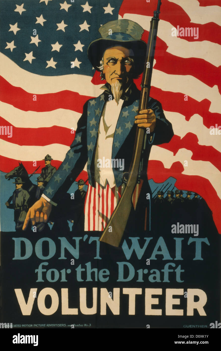 World War I, American, recruitment, poster, Uncle Sam, army, troops, flag, rifle, draft, Volunteer, 1917, Stock Photo