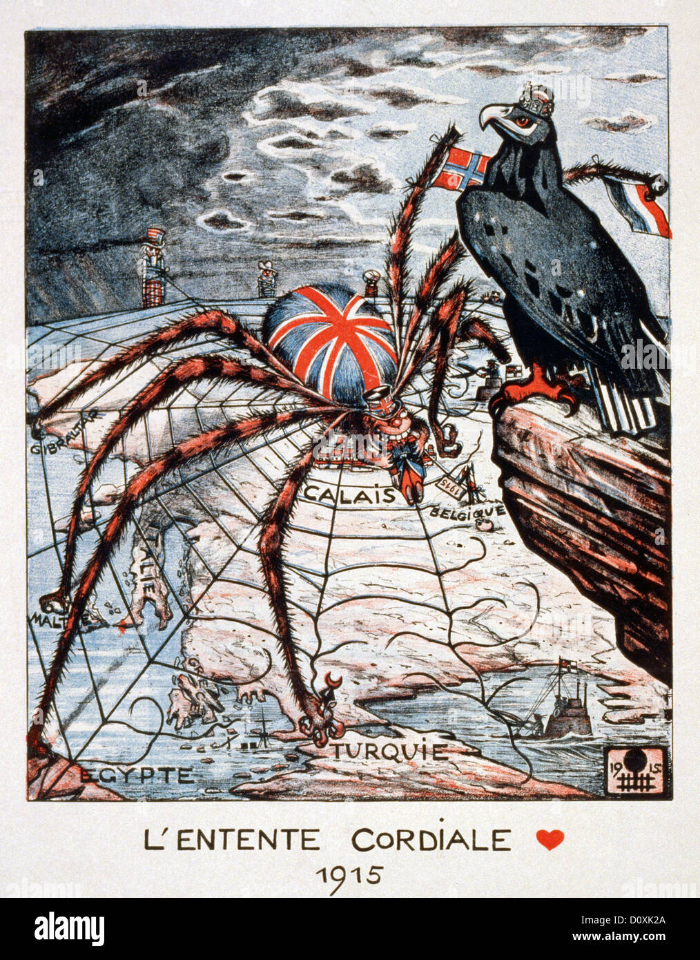 Germany, German, propaganda, poster, Britain, spider, eagle, Uncle Sam, tied up, web, Entente Cordiale, diplomatic agreement, 19 Stock Photo