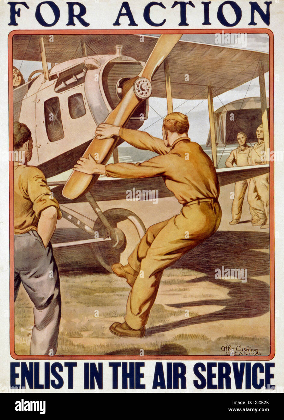 World War I, US, Army, Air Service, recruiting, poster, man, cranking, airplane, propeller, enlist, action, Air Service, 1917, Stock Photo