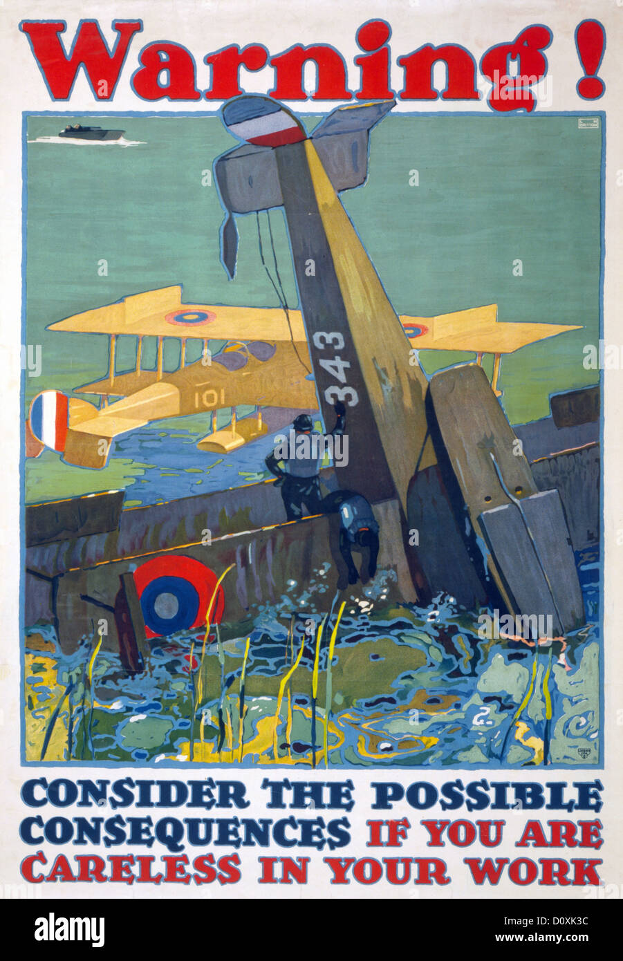 USA, World War I, American, poster, airplane, crashed, ocean, survivors, Warning, careless, work, 1917, Stock Photo