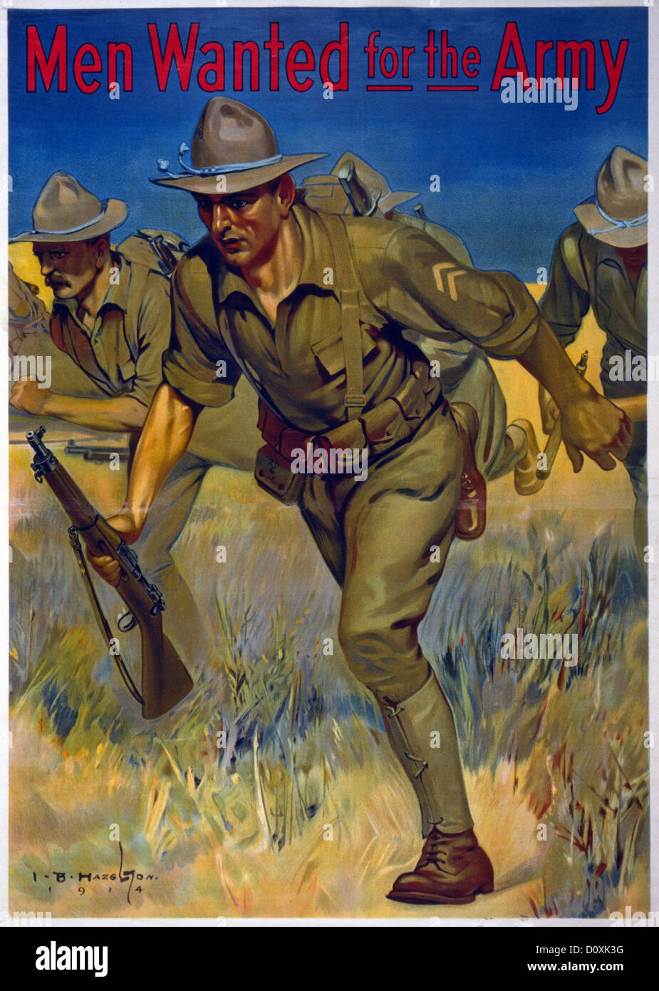 USA, World War I, American, recruitment, poster, soldiers, guns, running, field, Army, USA, 1914, Stock Photo