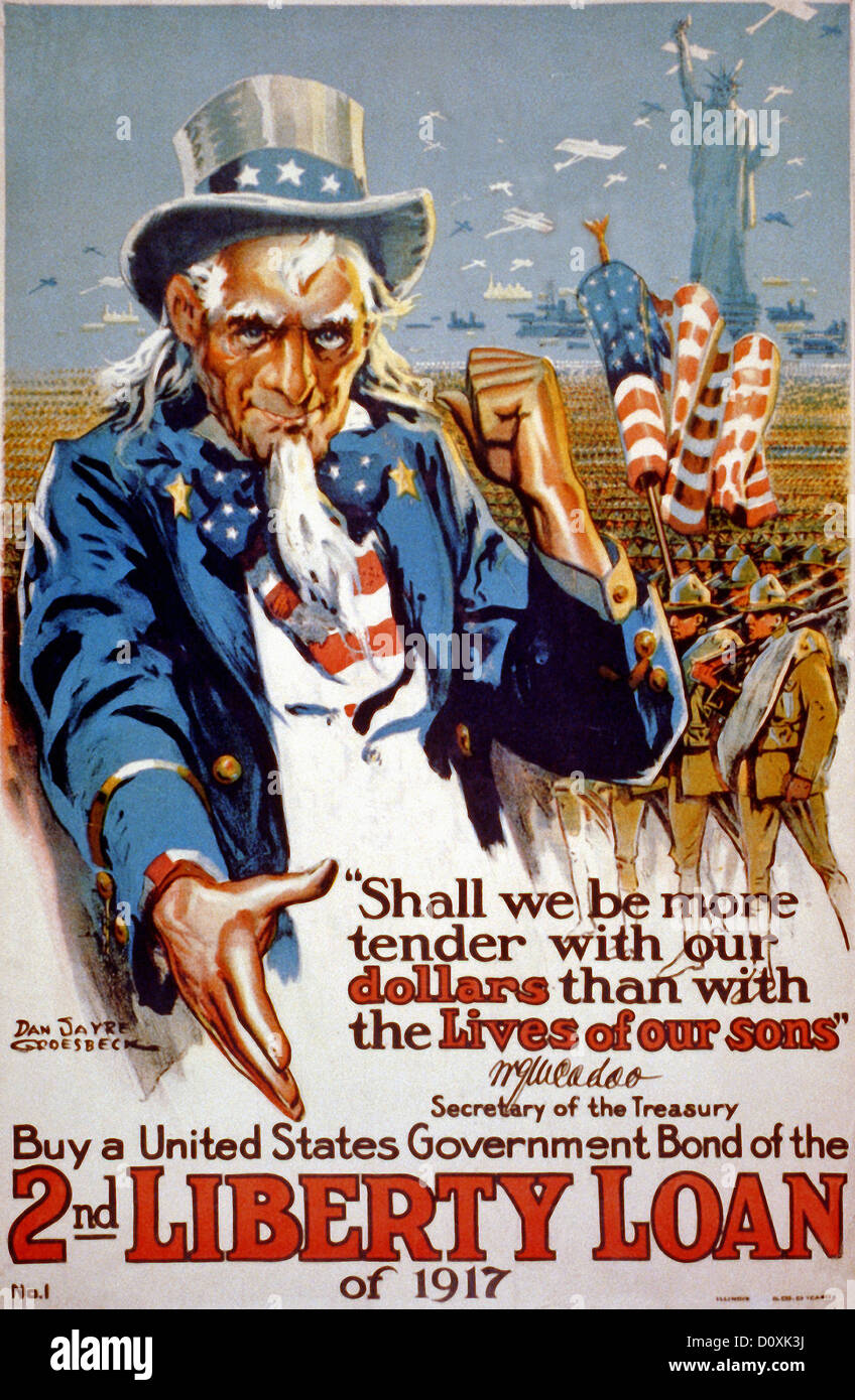 USA, World War I, American, poster, Uncle Sam, troops, Statue of Liberty, Buy, bond, Liberty, Loan, USA, 1917, Stock Photo