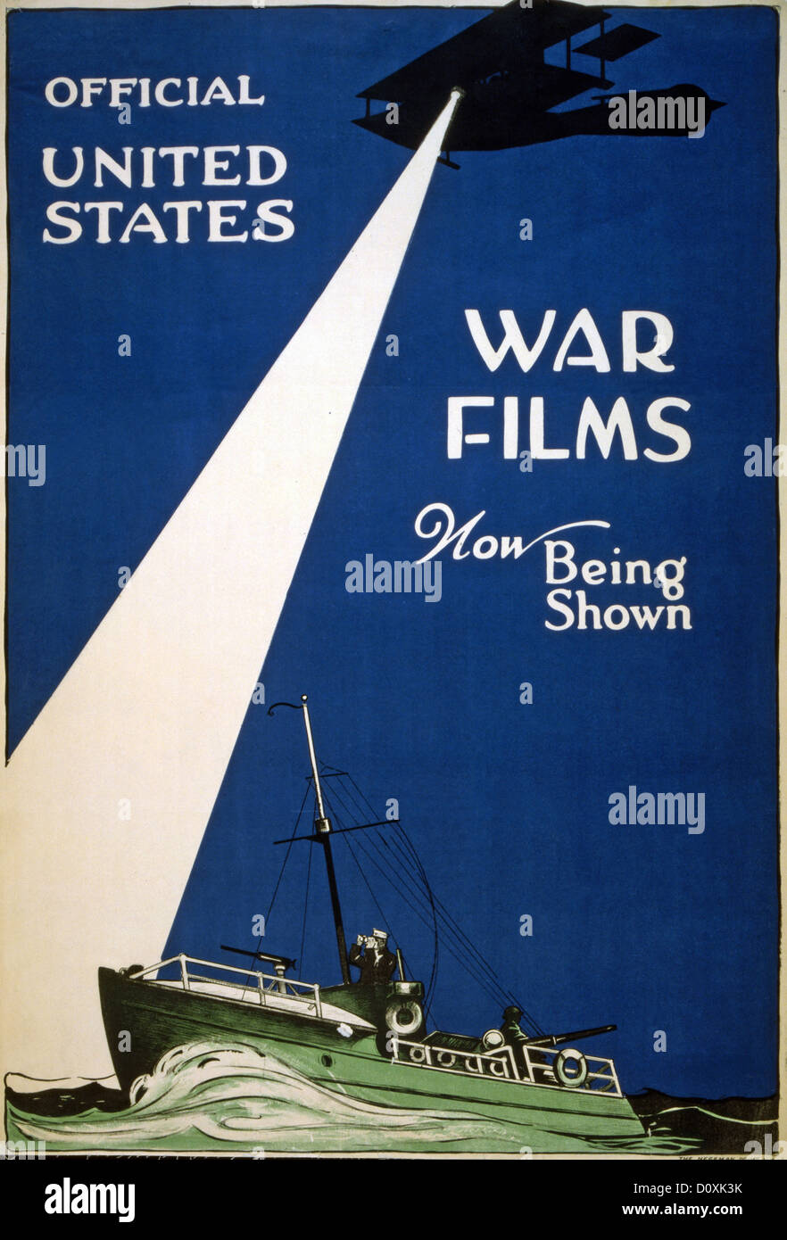 USA, World War I, American, poster, patrol boat, boat, airplane, searchlight, sea, films, 1917, Stock Photo