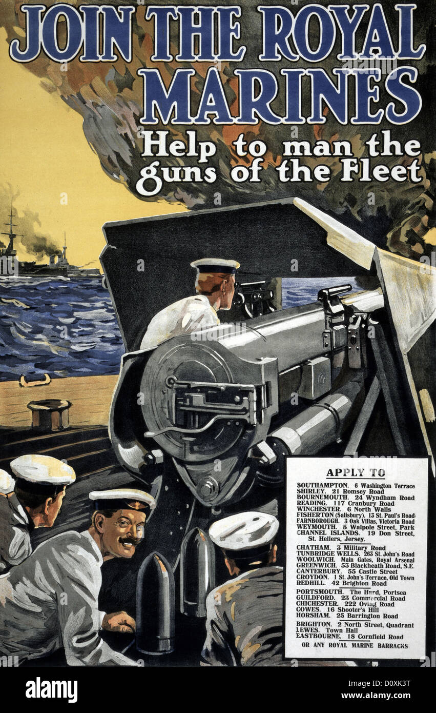World War I, British, propaganda, poster, marines, cannon, ship, Royal, Marines, guns, fleet, Great Britain, 1915, Stock Photo