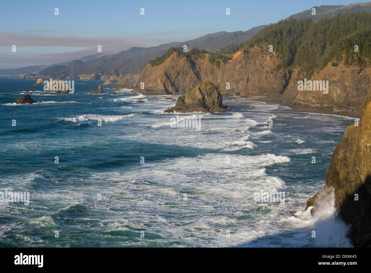 USA, Brookings, State Park, OR, Oregon, ocean, Pacific coast, Pacific Ocean, sea, shore, shoreline, coast, coastline, water, sur Stock Photo