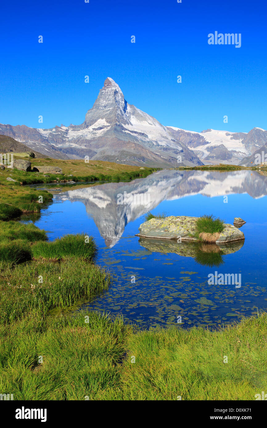 Alps, Alpine panorama, view, tree, mountain, mountains, panorama, mountain lake, trees, cliff, rock, summit, scenery, Matterhorn Stock Photo