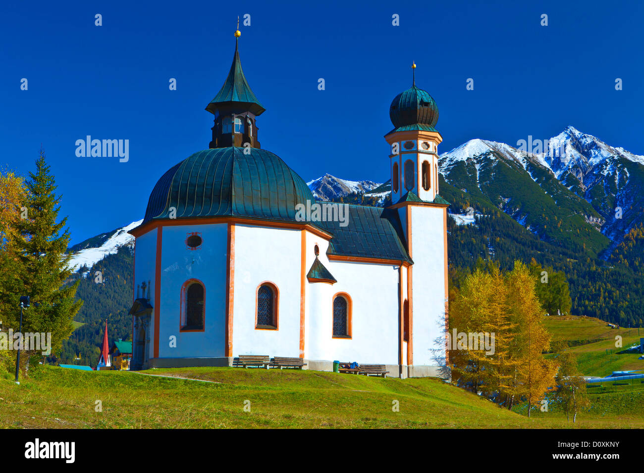 Austria, Europe, Tyrol, Tirol, Seefeld, Seekirchl, church, chapel, religion, mountain church, mountain, Reither Spitzer, Reither Stock Photo