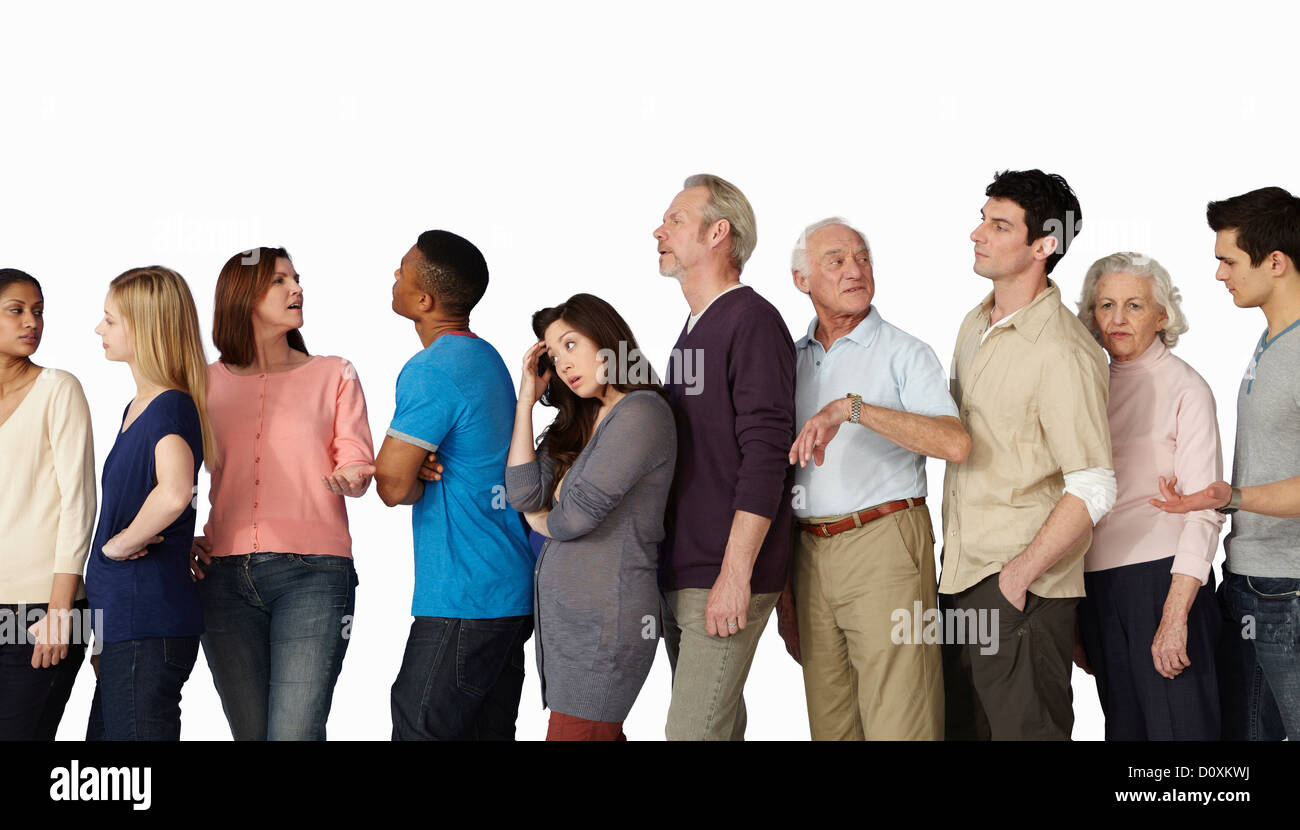 People in a queue, becoming impatient Stock Photo