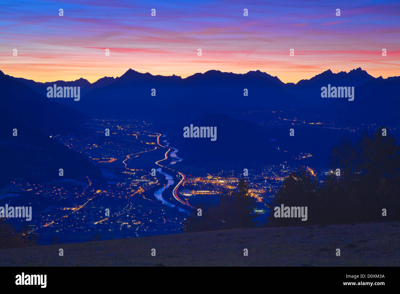 Austria, Europe, Tyrol, Tirol, Seefeld, Mösern, evening, dusk, twilight, mood, lights, Inn, mountains, Tschirgant, Oberinntal, l Stock Photo