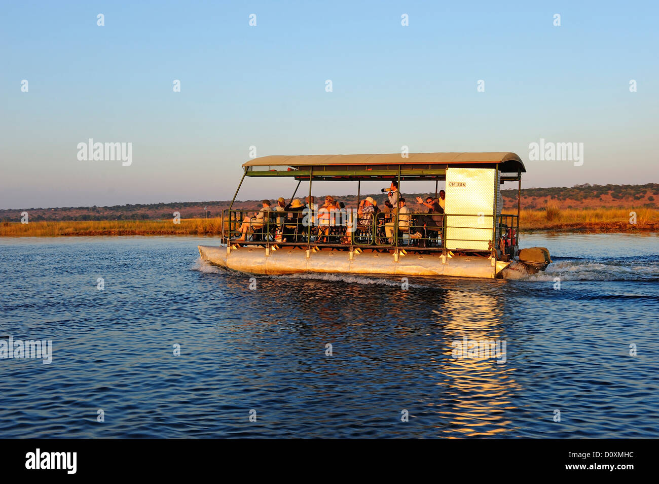 Africa, Botswana, Chobe, National Park, elephant, animal, safari, water, river, tour boat, tourist Stock Photo