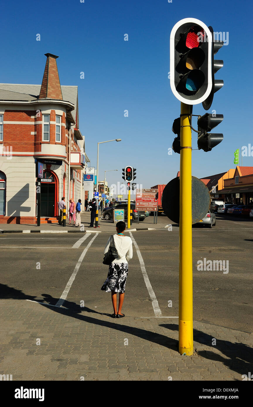 Africa, Namibia, Swakopmund, city, street, red light Stock Photo