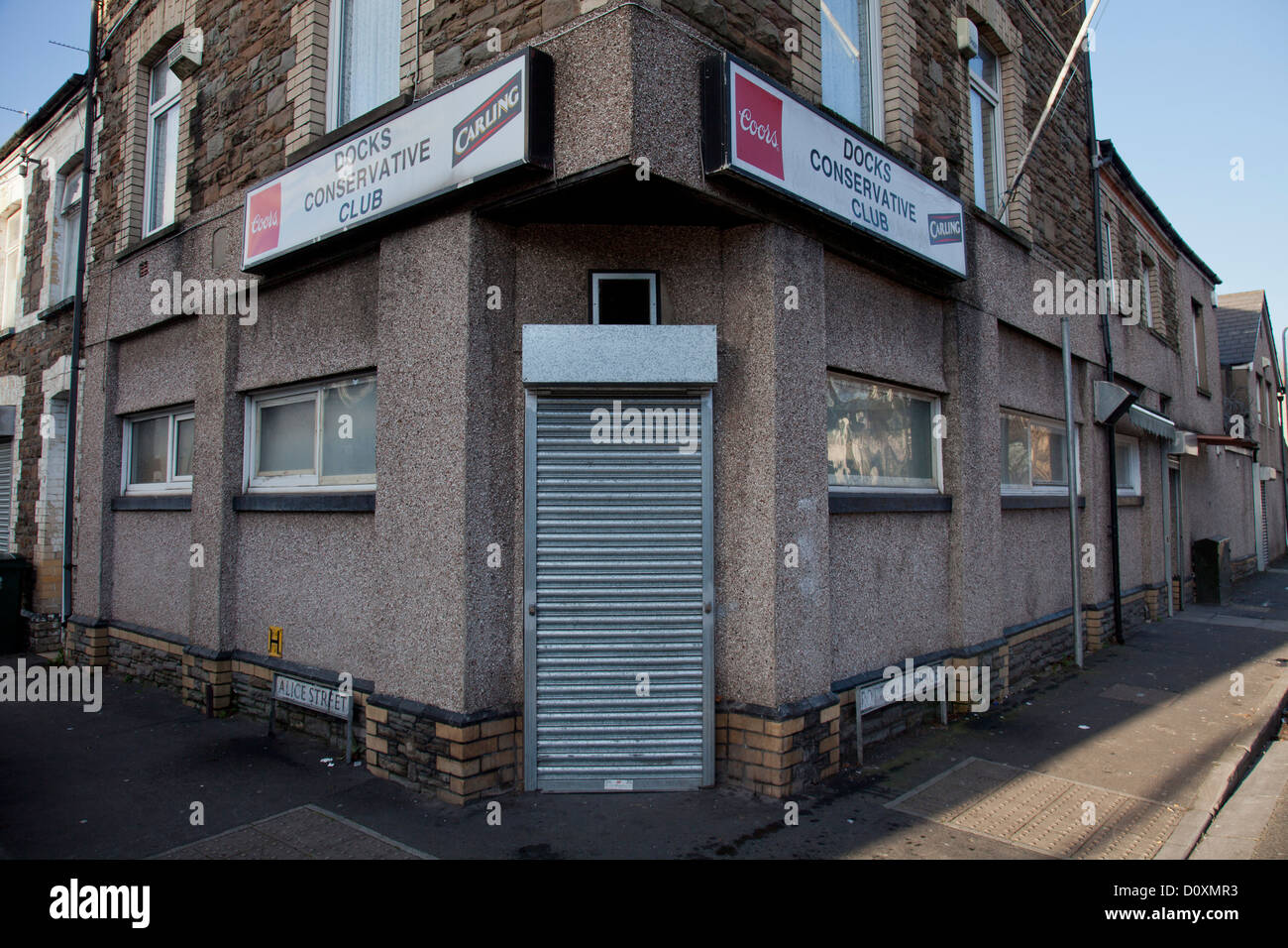 Closed Conservative Club in the run-down dockside area in Newport, Gwent, Wales Stock Photo