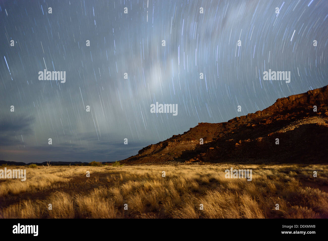 Africa, Damaraland, Namibia, Night Sky, Twyfelfontein, UNESCO, World Heritage, Site, grasslands, horizontal, landscape, long exp Stock Photo