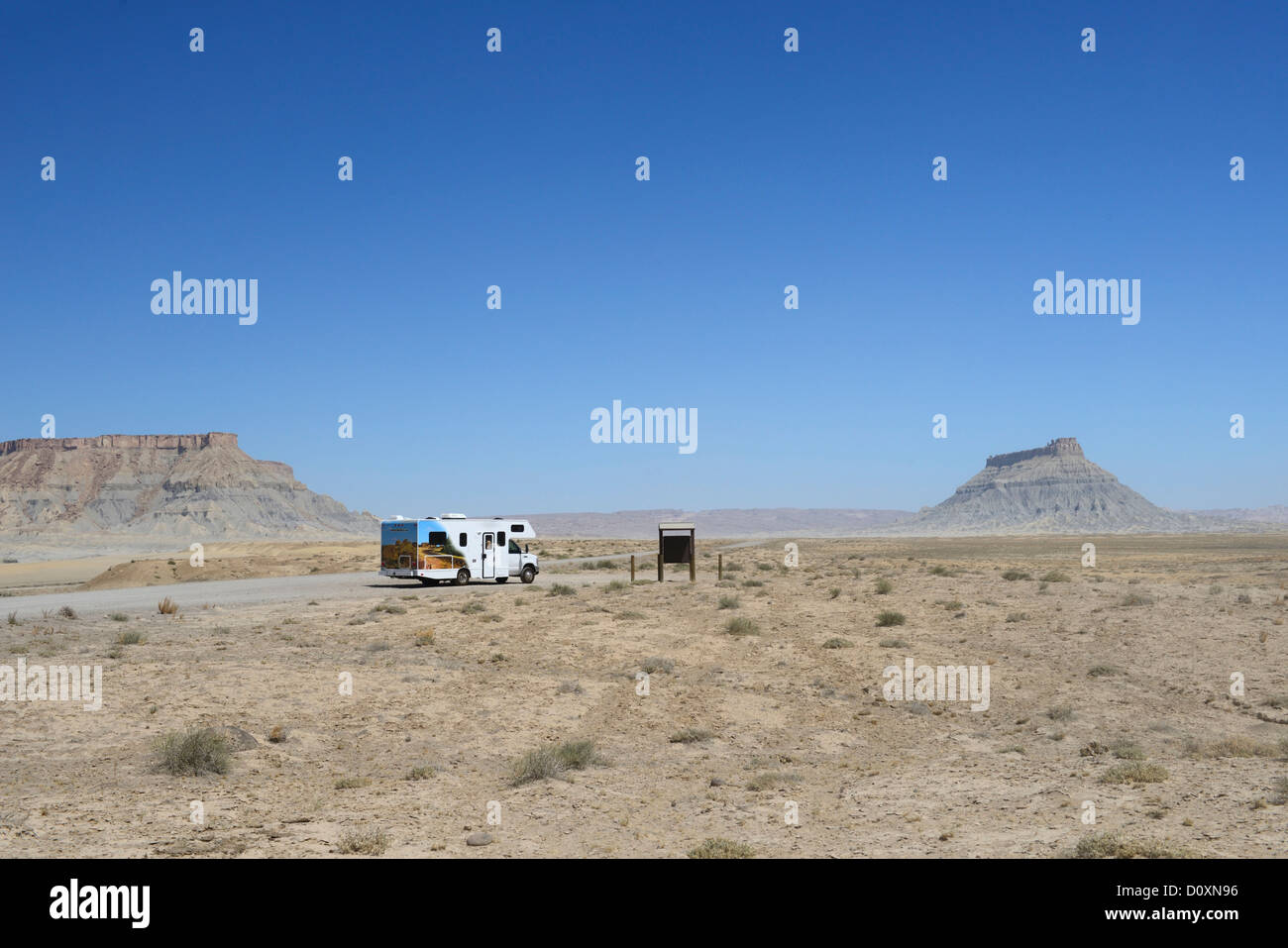 America, USA, United States, Colorado Plateau, Utah, Factory Butte, erosion, desert, motor home, RV, camping, Caineville Stock Photo