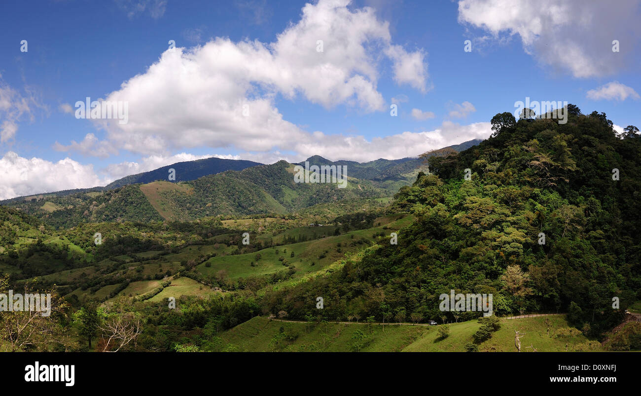 Rural, road, green, hills, tropical, landscape, Valle Verde, Las Terras Altas, Panama, Central America, Stock Photo