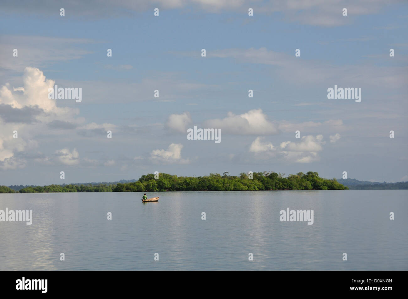 Islands, boat, mangrove, tropical, still, calm, Bahia de Almirante, Almirante, Panama, Central America, Stock Photo