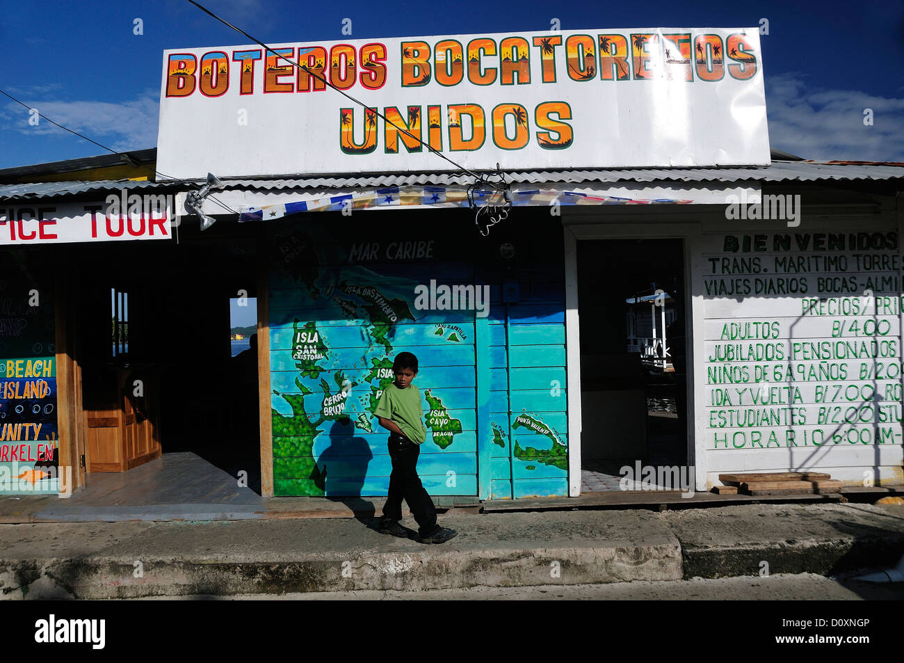 Local, kid, tropical, town, Bocas del Toro, Isla Colon, Panama, Central America, Stock Photo