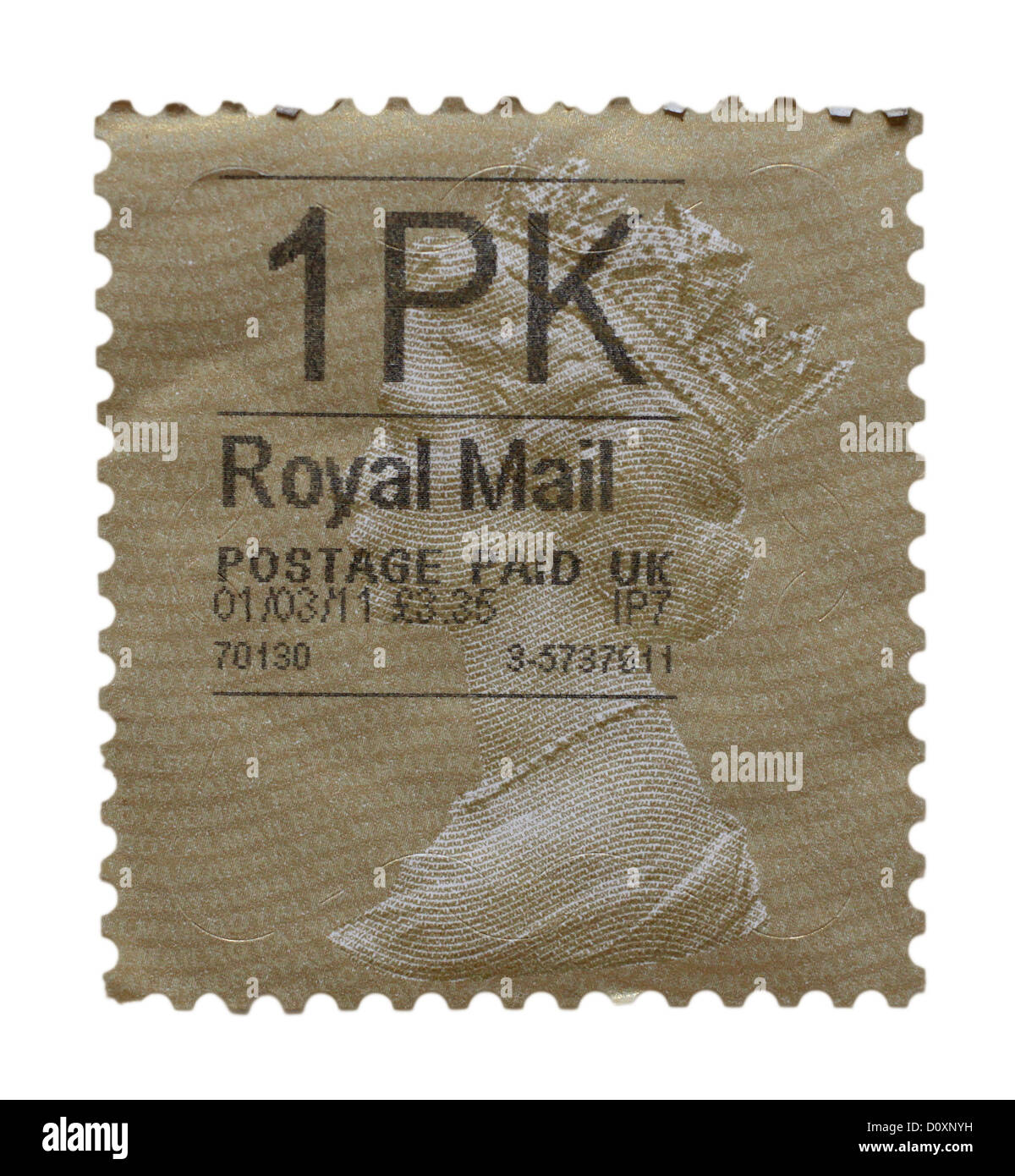 Large used First Class Royal Mail Stamp Cut-Out. Stock Photo