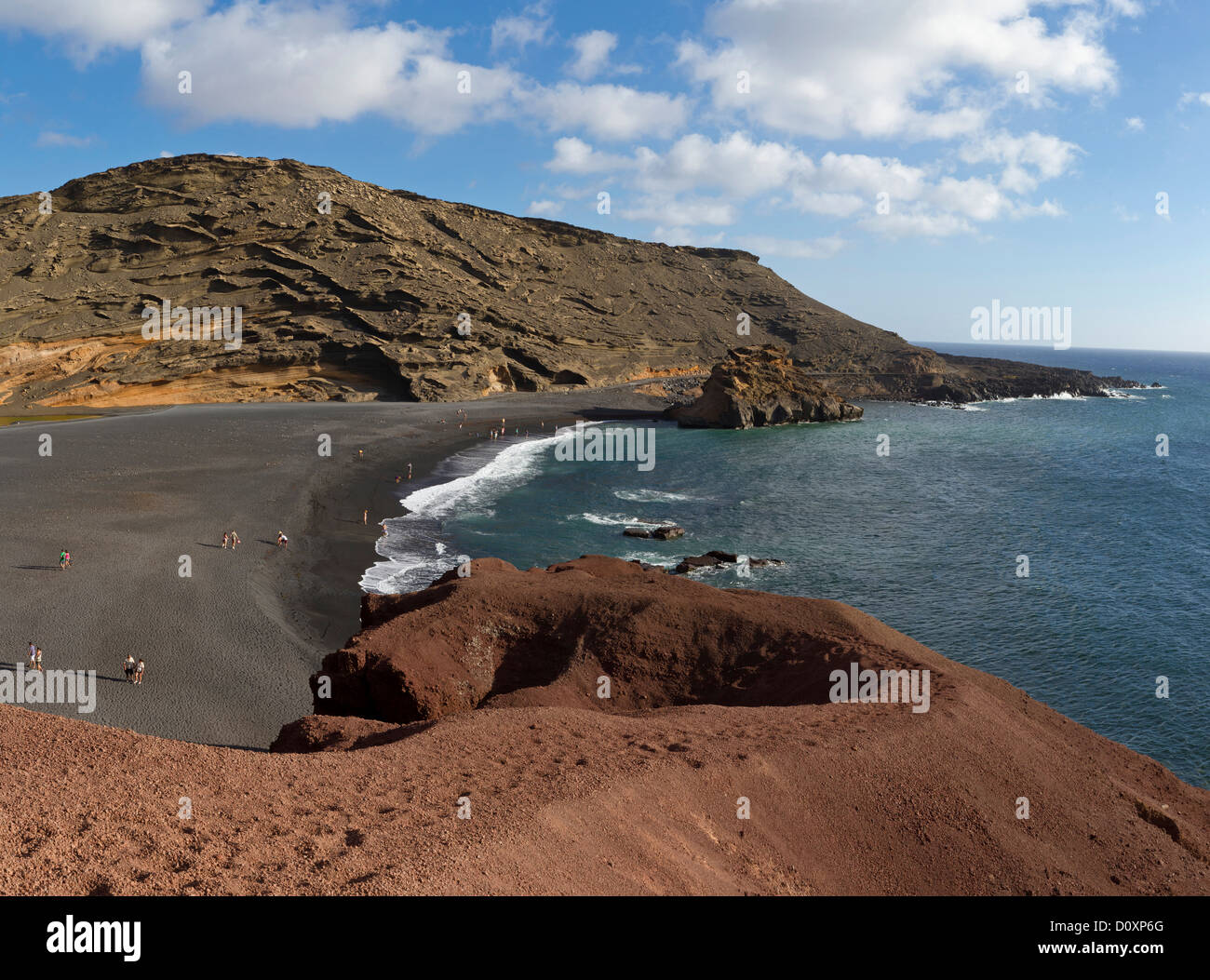 Spain, Lanzarote, El Golfo, Black lava-beach, landscape, water, summer, beach, sea, people, Canary Islands, Stock Photo