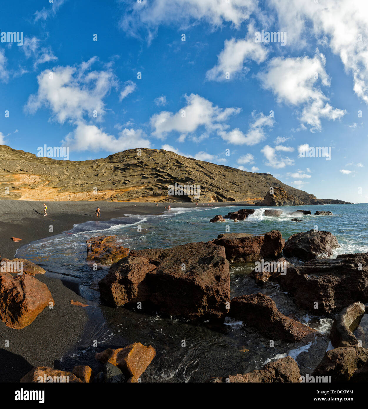 Spain, Lanzarote, El Golfo, Black lava-beach, landscape, water, summer, beach, sea, people, Canary Islands, Stock Photo