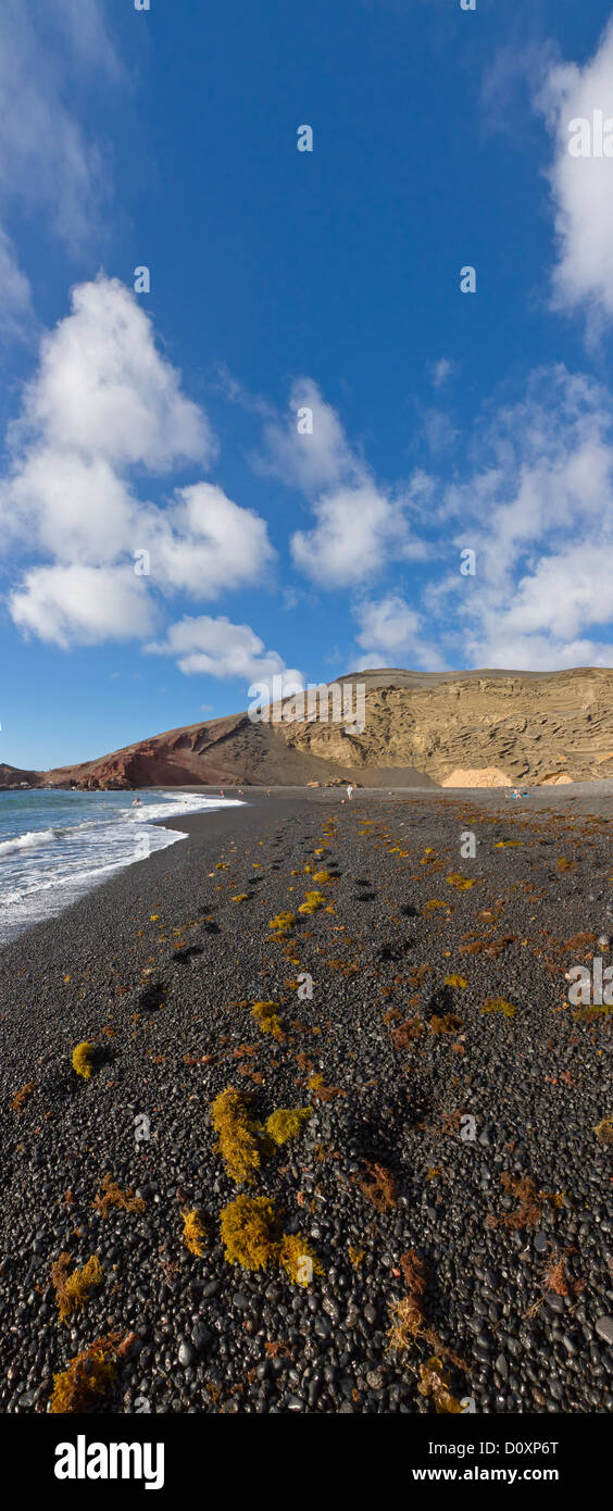 Spain, Lanzarote, El Golfo, Black lava-beach, landscape, water, summer, beach, sea, Canary Islands, Stock Photo