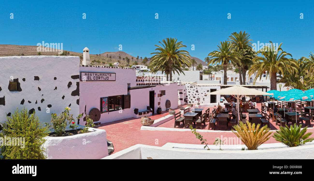Spain, Lanzarote, Haria, Outdoor, restaurant, city, village, forest, wood, trees, summer, people, Canary Islands, Stock Photo