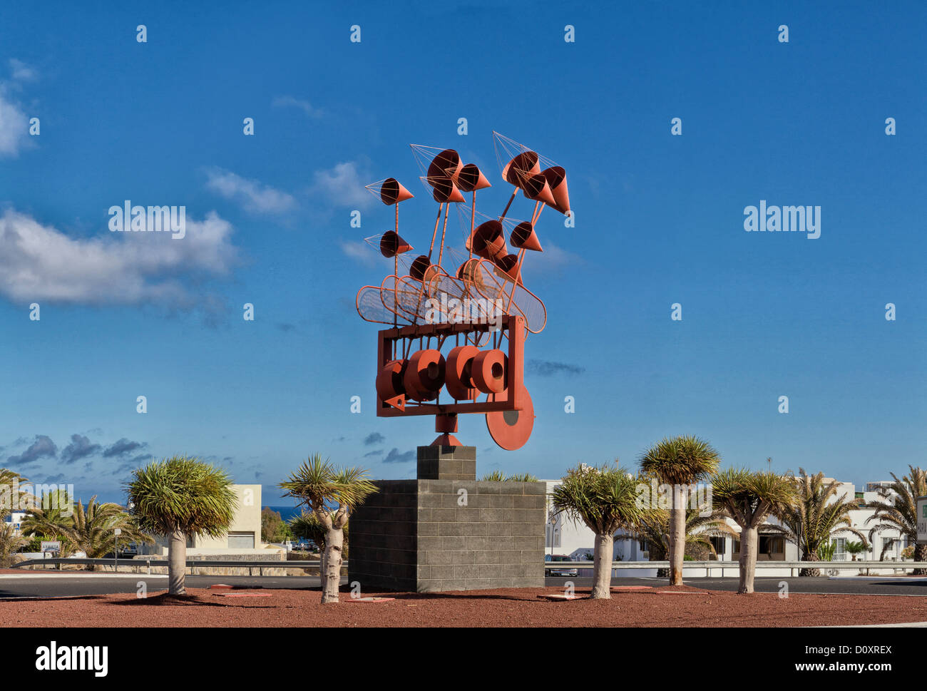 Spain, Lanzarote, Arrieta, Juguetes del Viento, wind game, construction, summer, Canary Islands, Stock Photo