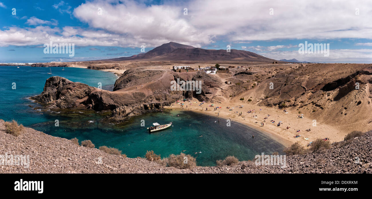 Spain, Lanzarote, Playa Blanca, Playa del Papagayo, landscape, water, summer, beach, sea, people, ships, boat, Canary Islands, Stock Photo