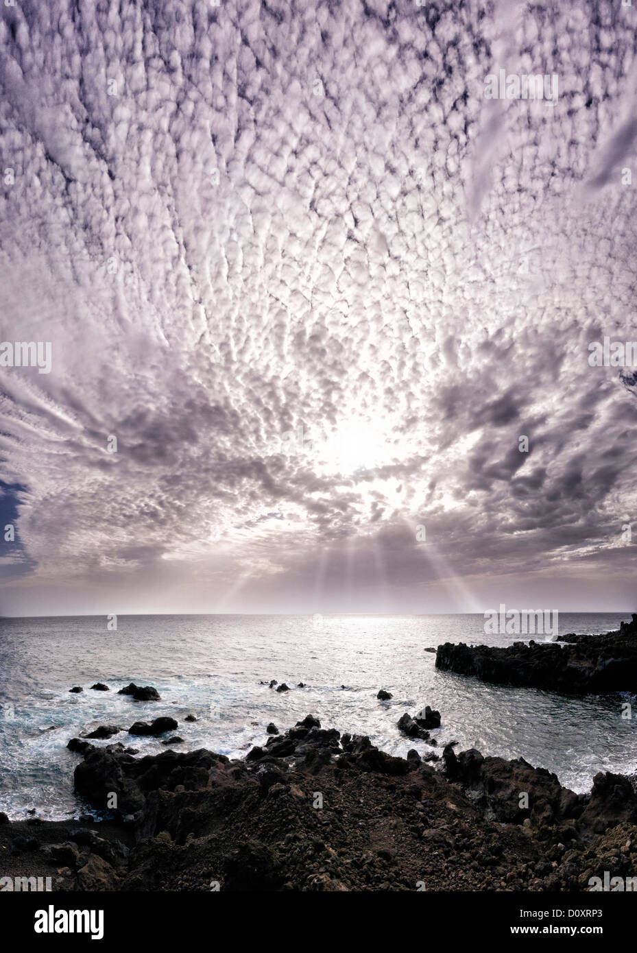 Spain, Lanzarote, Los Hervideros, Sunset, landscape, water, summer, sea, Canary Islands, Stock Photo