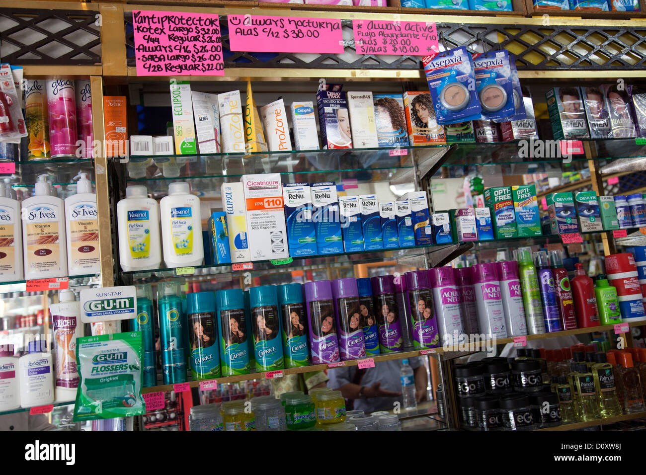 Beauty Products on Shelves at Pharmacy in Coyoacan in Mexico City DF Stock Photo