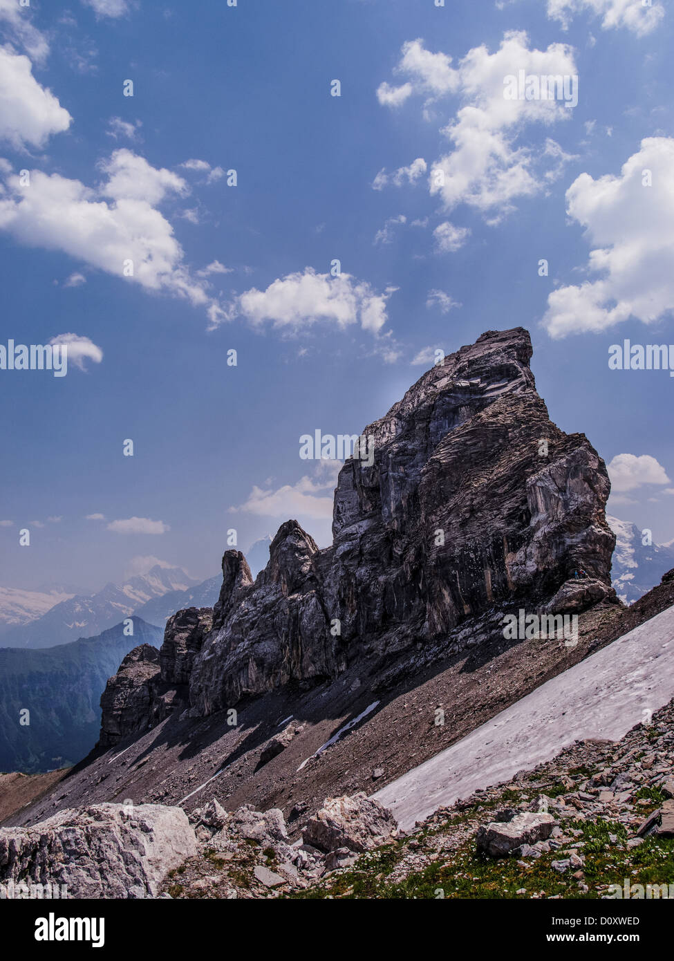 Alps, mountain landscape, Bernese Alps, Bernese Oberland, rock, cliff, Rocky Mountains, summit, peak, sky, alpine, Isenfluh, lim Stock Photo