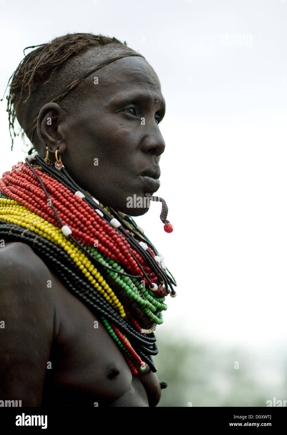 Portrait Of A Nyangatom Tribe Woman With Chin Jewel, Omo Valley, Kangate, Ethiopia Stock Photo