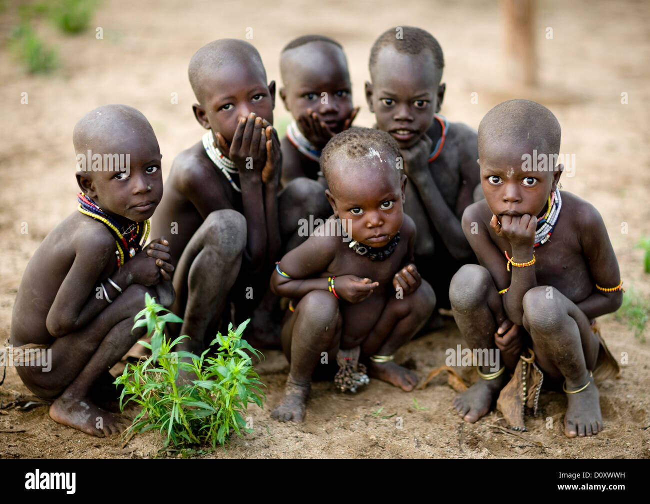 Group Of Karo Tribe Kids Squatting And Looking Shyly At The Camera ...