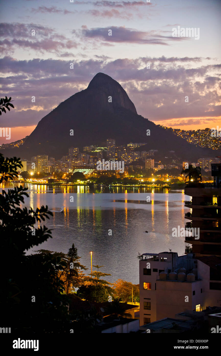 City lights, Lagoa and Morro Dois Irmaos, Rio de Janeiro, Brazil Stock Photo
