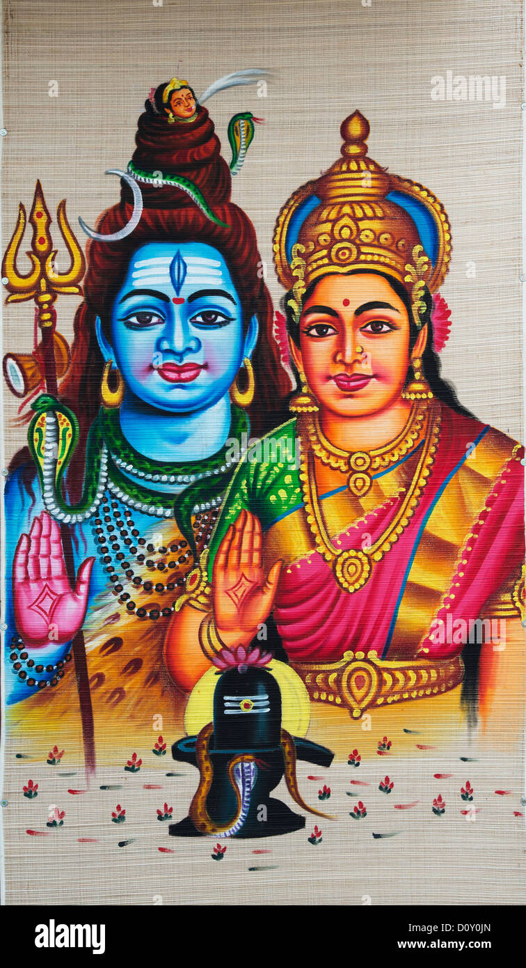Lord Shiva and Parvati. Painted hindu wall hanging Stock Photo - Alamy