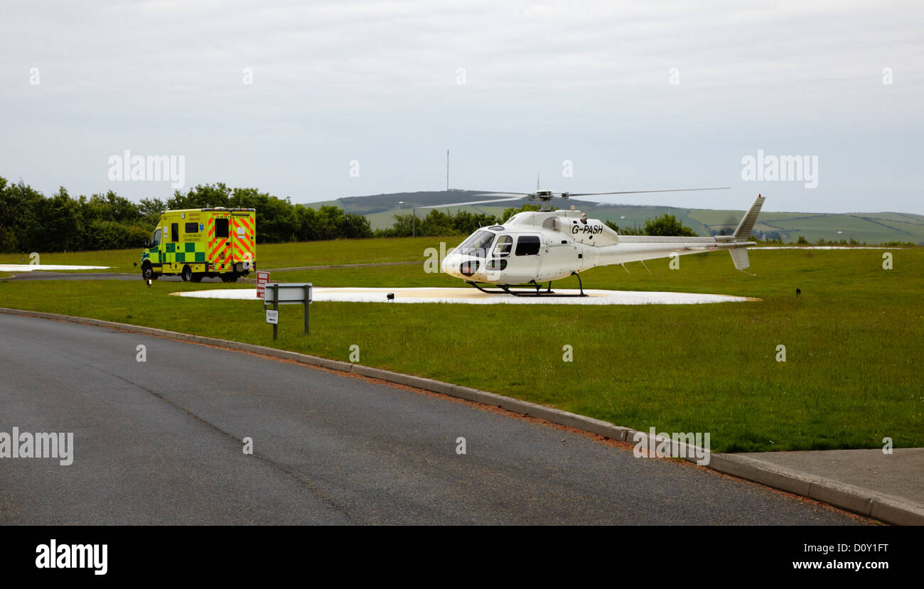 TT rescue helicopter at Nobles Hospital, Isle of Man Stock Photo