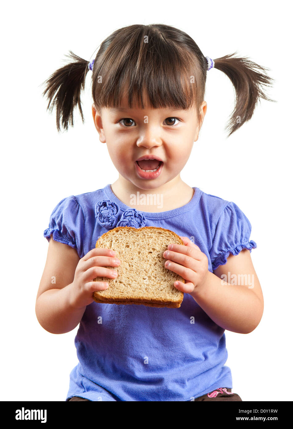 Young child about to eat sandwich. Picture isolated on white background
