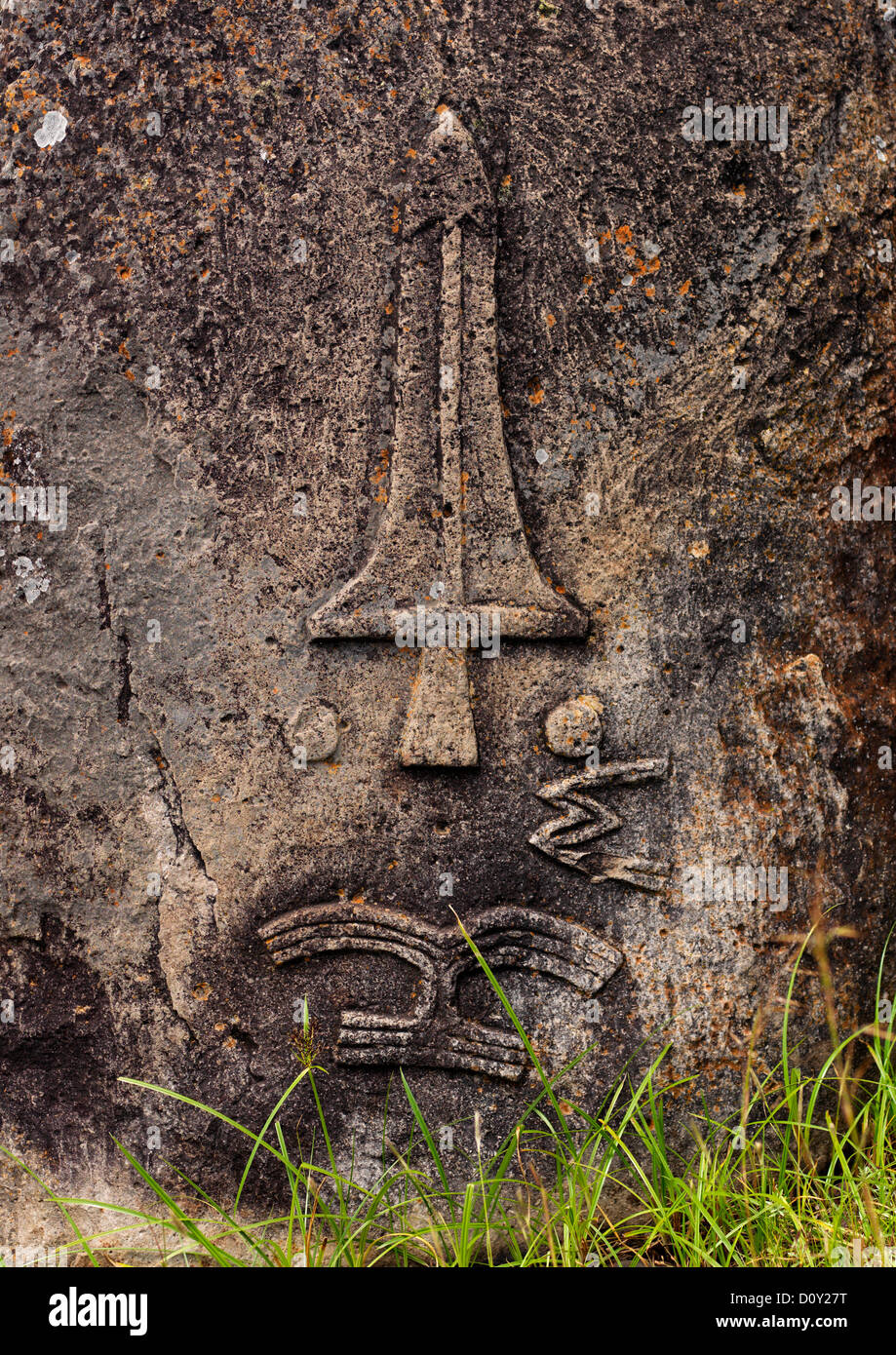 Carved Headrest And Dagger In The Site Of Tiya, Unesco World Heritage Site, Tiya, Ethiopia Stock Photo