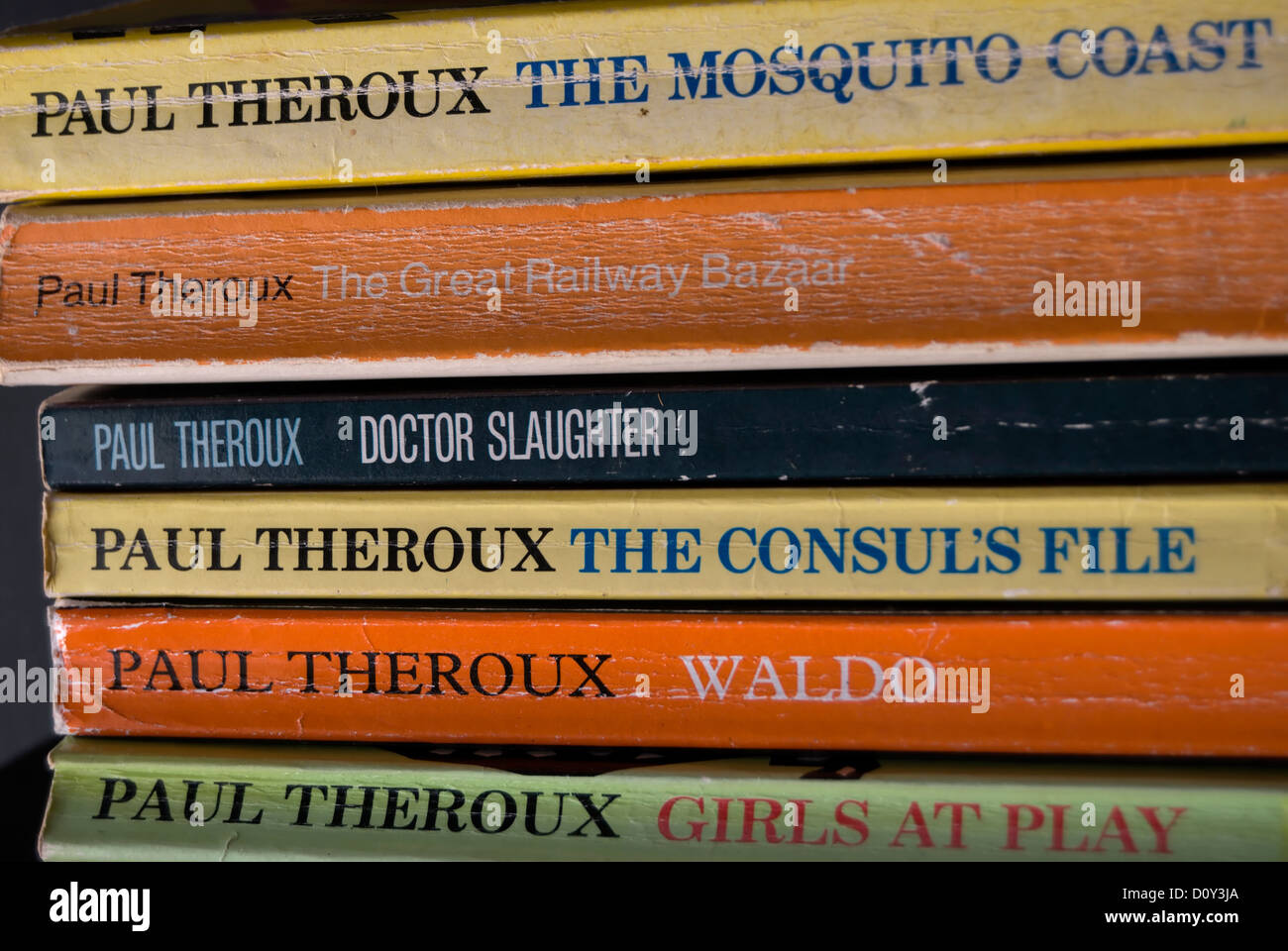 stack of paperbacks by author paul theroux Stock Photo