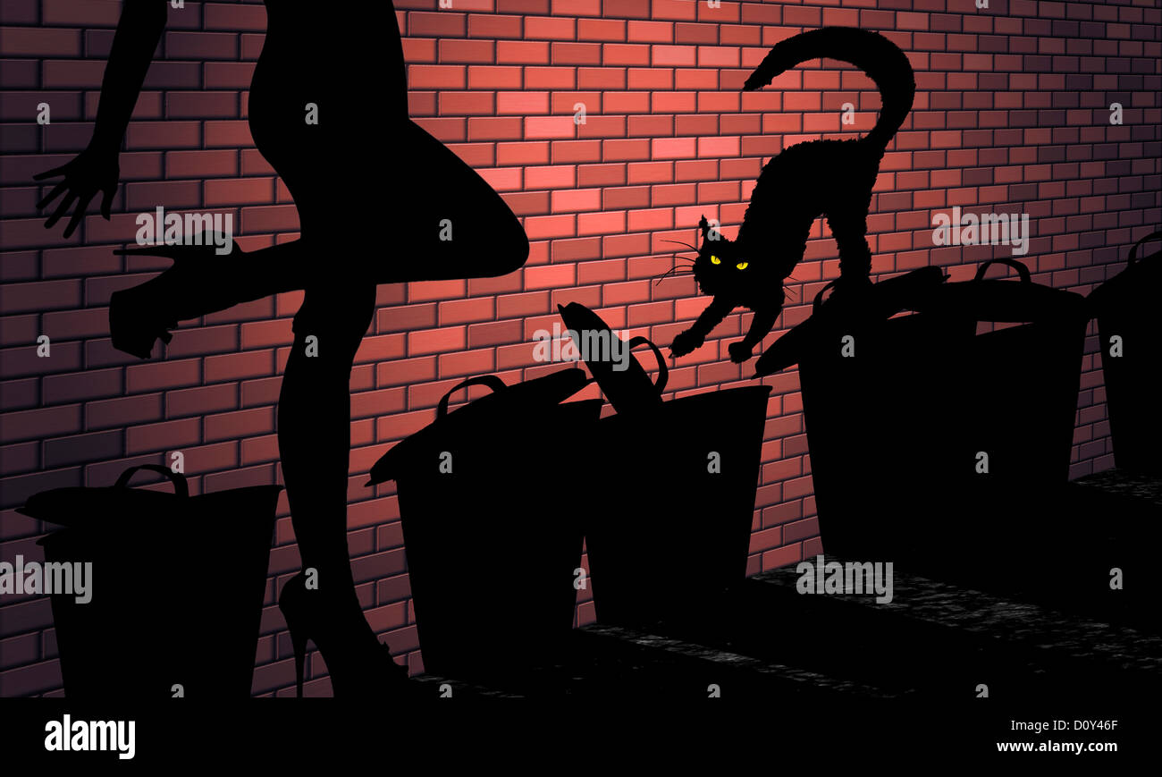 digital enhancement - illustration - shadow image - prostitution - cat and trash cans in backyard - symbolism of milieu Stock Photo