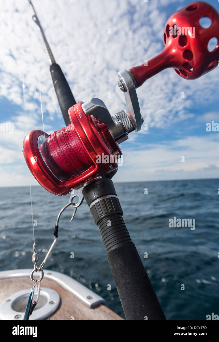 Red anodized Sea Fishing trolling reel. 6 to 1 multiplier for