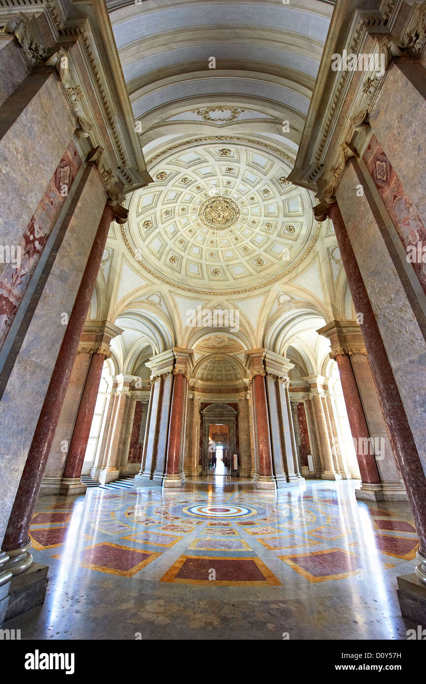 The Baroque Honour Grand Staircase entrance to the Bourbon Kings of Naples Royal Palace of Caserta, Italy.  Stock Photo