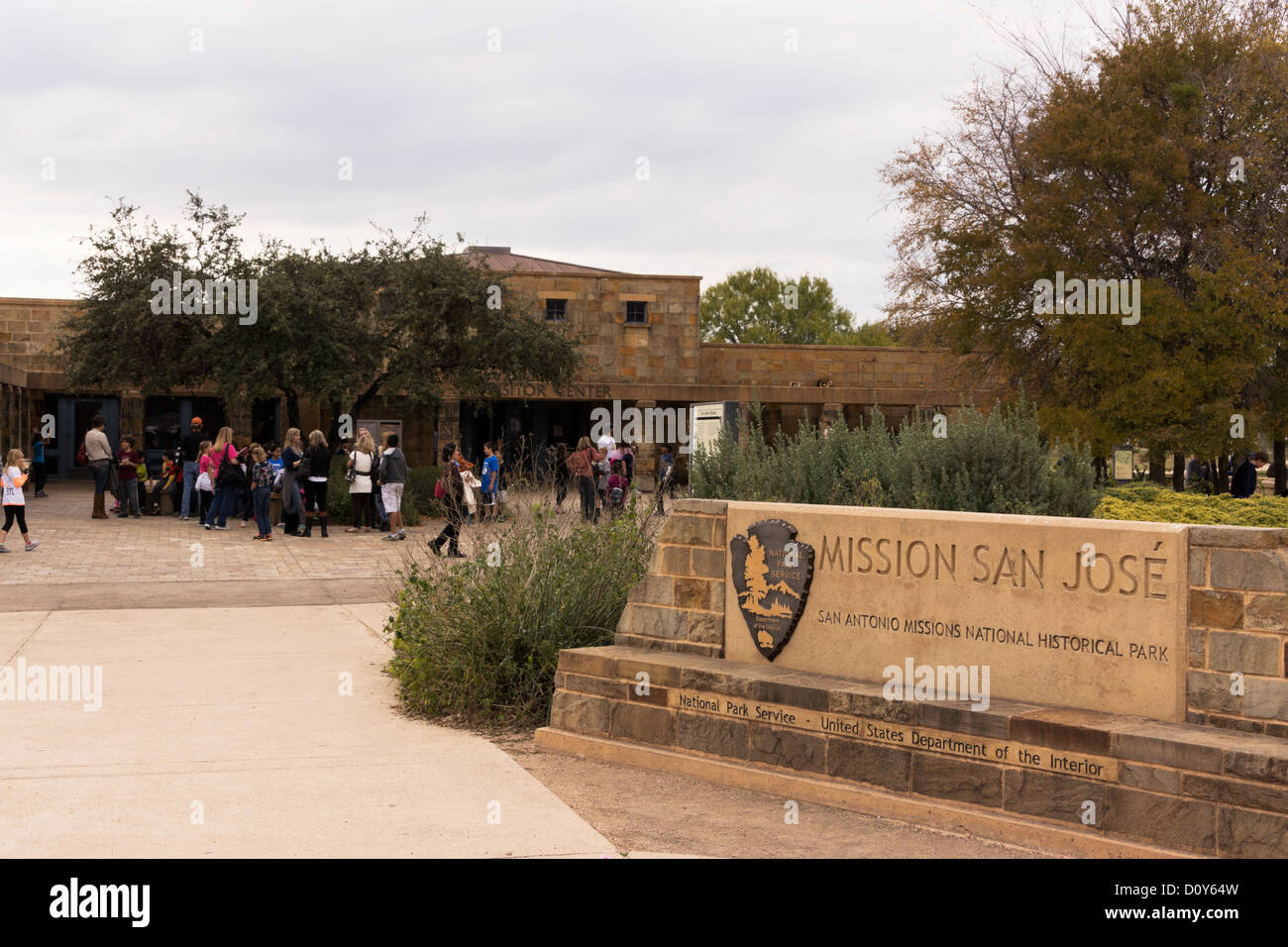 Mission San Jose' visitor center with National Park Service sign In foreground. Stock Photo