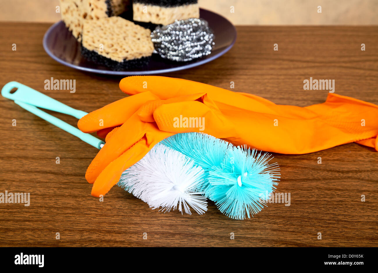 Gloves ,sponge, brush for ware washing Stock Photo Alamy