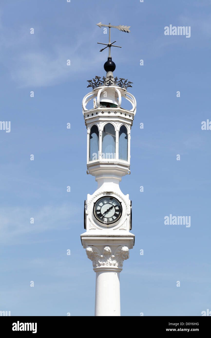 Detail of the wrought iron Customhouse Quay clock tower beside the Firth of Clyde in Greenock