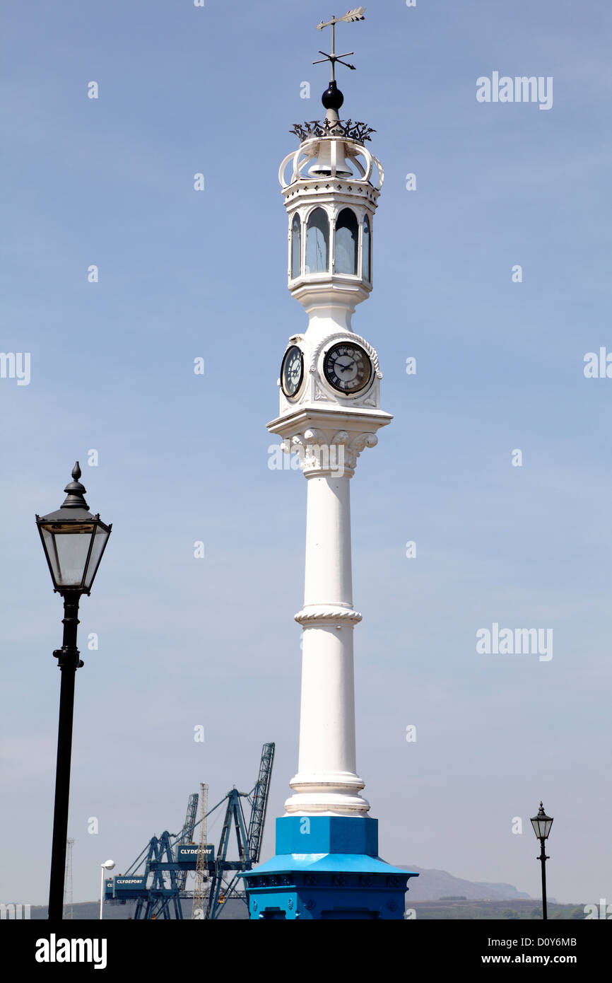 Detail of the wrought iron Customhouse Quay clock tower beside the Firth of Clyde in Greenock