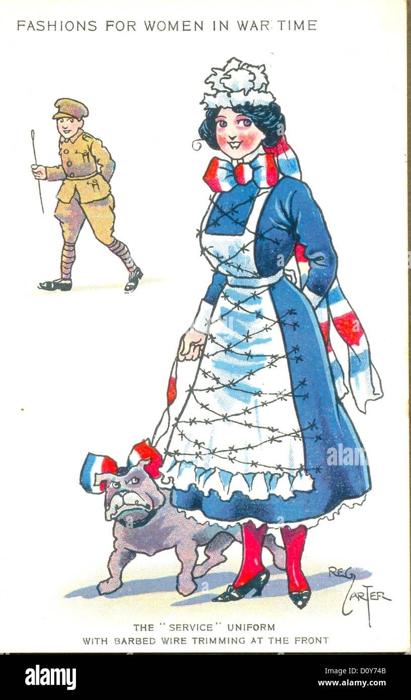 World War One comic postcard titled The 'Service' Uniform published in Valentine's Series Fashions for Women in War Time Stock Photo
